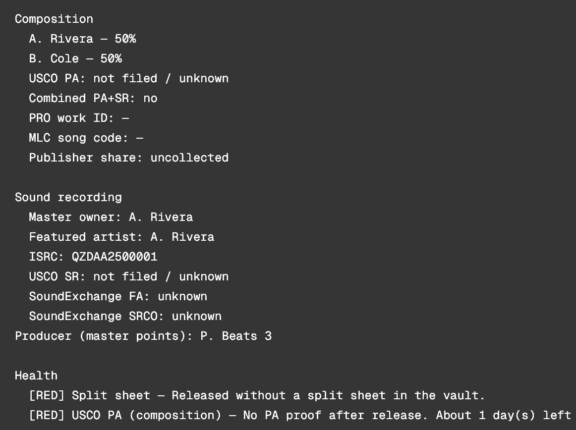 Chain-of-title packet preview showing composition, sound recording, and health status